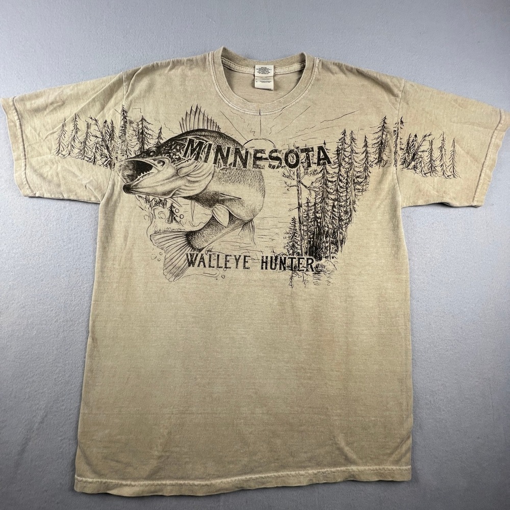 Gildan T-Shirt Mens Large Tan Minnesota Walleye Hunter Fishing Graphic Tee Shirt